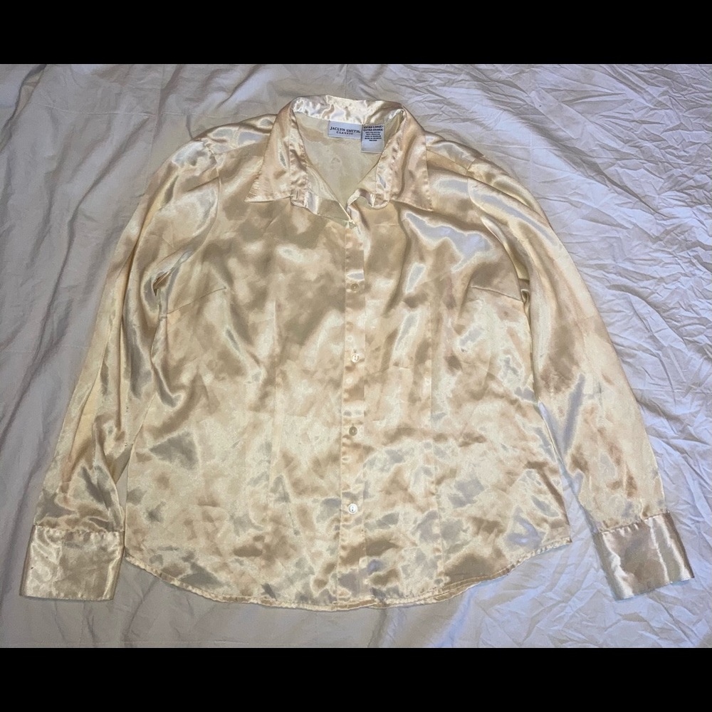 Satin Cream Long-Sleeve Button-Up Blouse